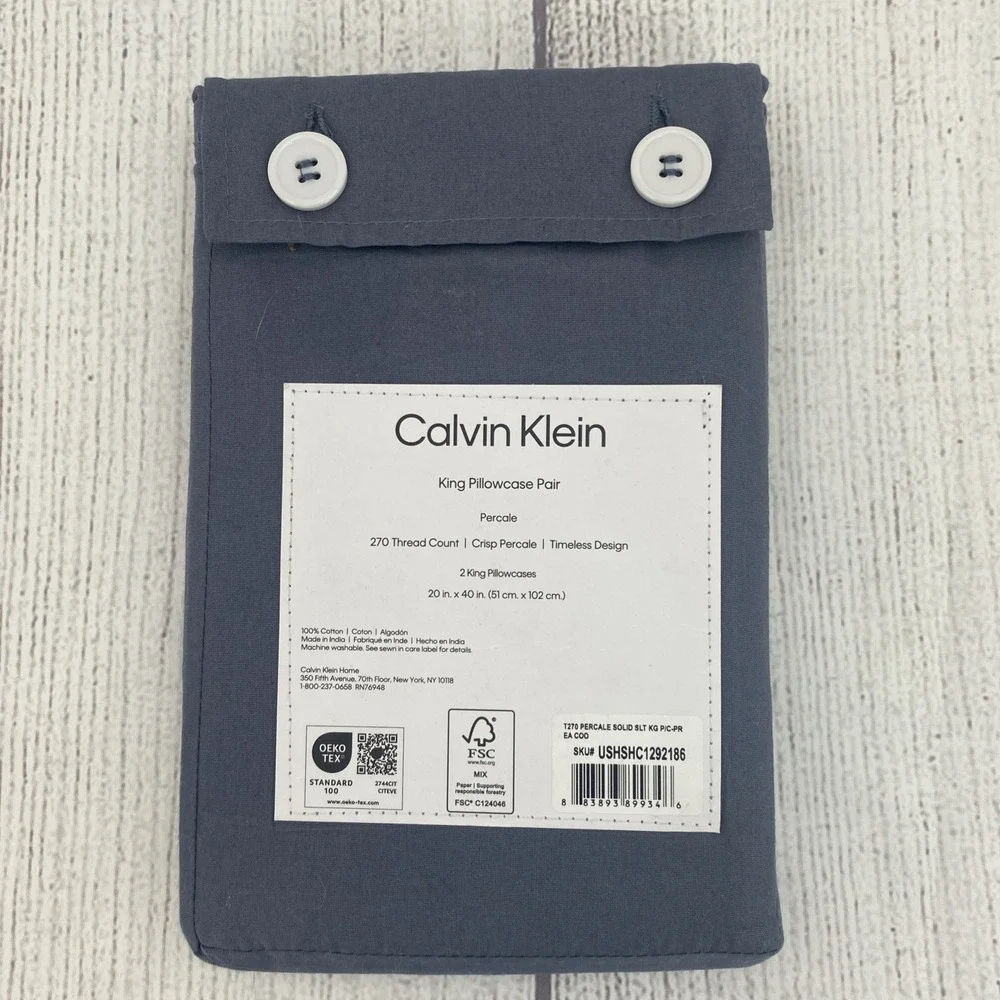 Calvin Klein Pillowcase Pair KING Gray 100% Cotton Percale 270TC Crisp Modern